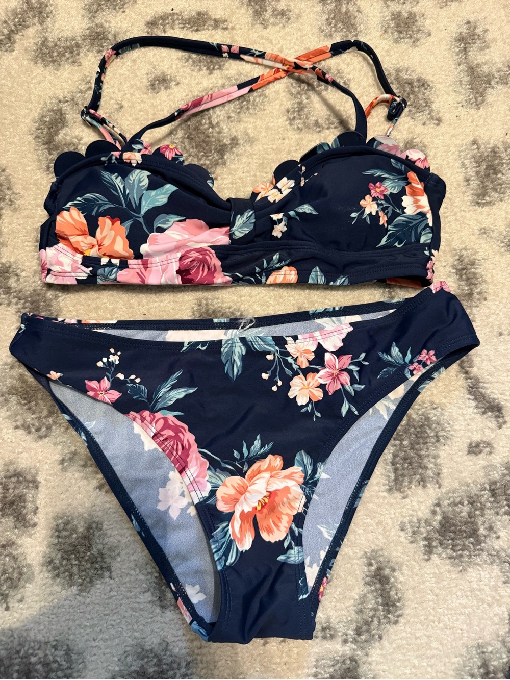 Cupshe Navy Floral Bikini Set - Pink & Orange Flowers